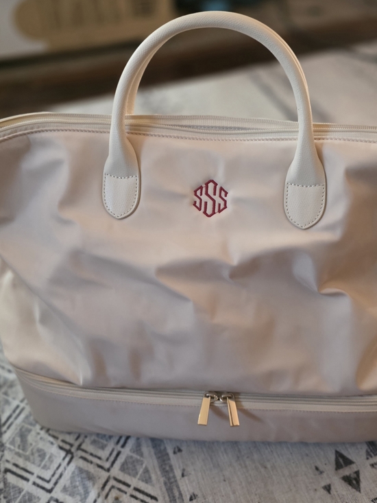 Mark & Graham Handbags - Avion Deluxe Cream Travel Tote with Pink Embroidery Mark & Graham